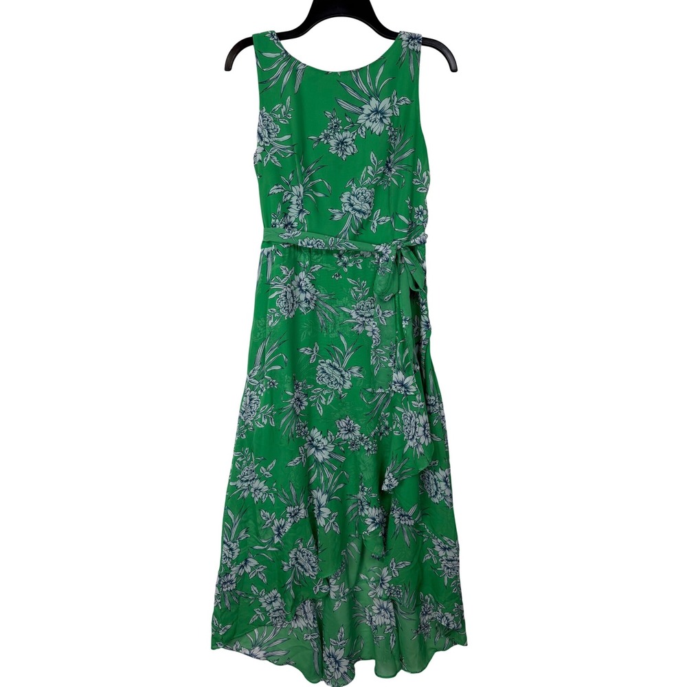 Sandra Darren Floral High-Low Midi Dress Women 10 Green Sleeveless Belted Ruffle